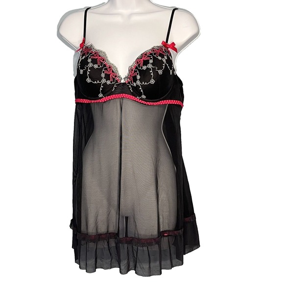 Sheer Black Babydoll Lingerie Large Ruffle‎ Whimsigoth Bows Embroidery Coquette - Picture 2 of 16